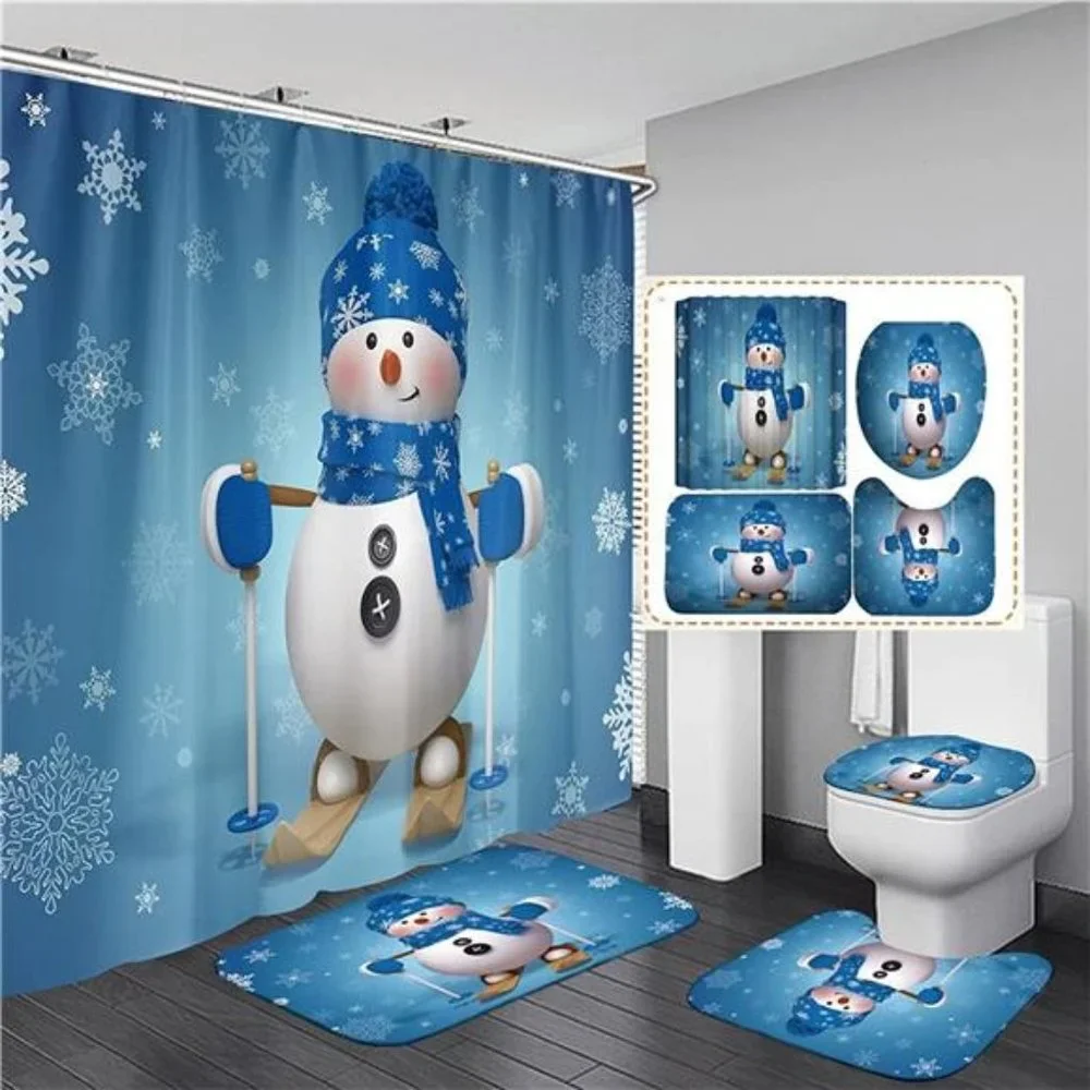 4Pcs Christmas Snowman Shower Curtain Sets Winter Snowflake w/ 12 Hooks, 70.8×7